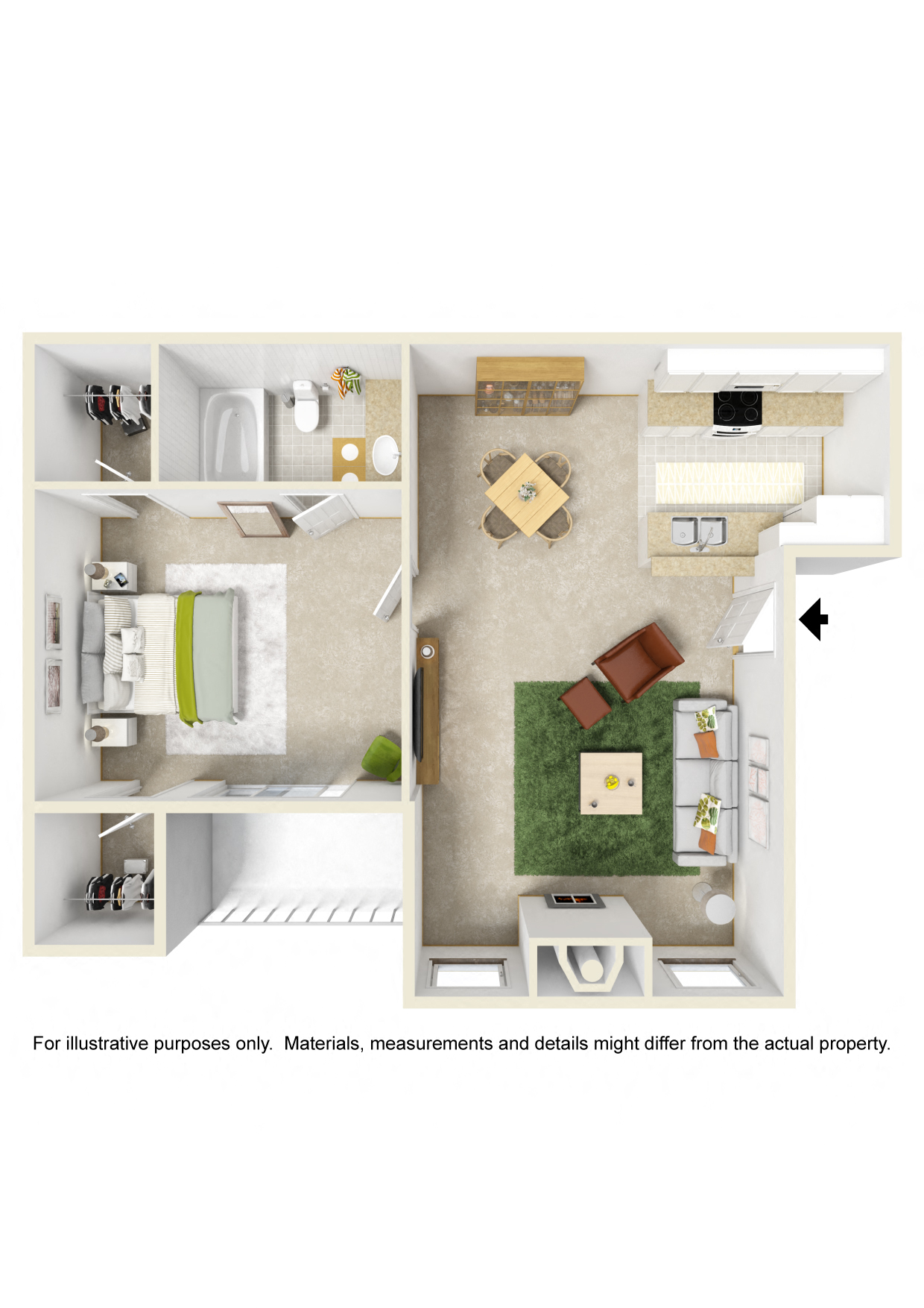 Floor plan for 1 bed, 1 bath, 639 sqft